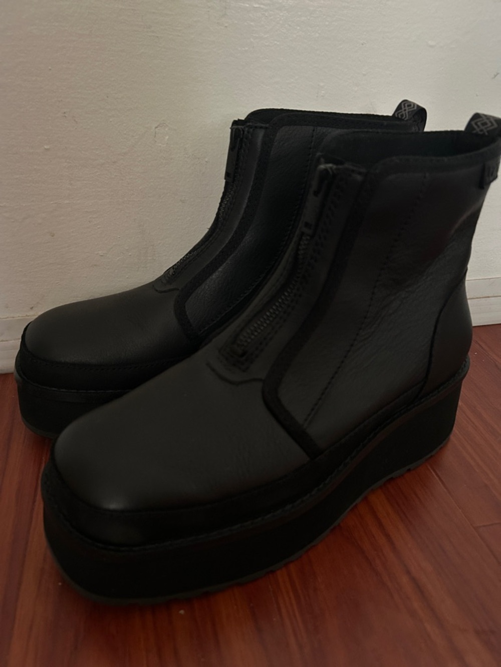 UGG Women's Black Front-Zip Platform Moto Boots - Picture 4 of 8
